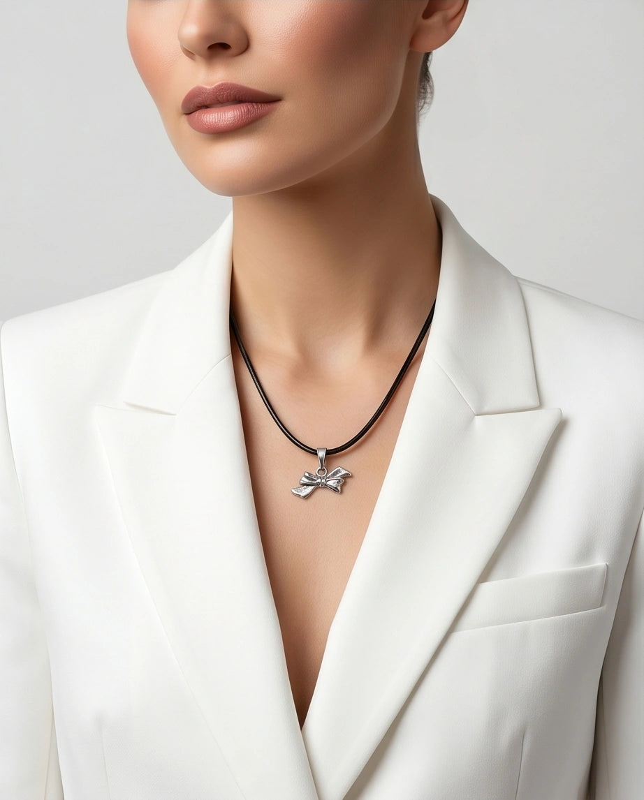 Silver Retro Ribbon Bow Necklace