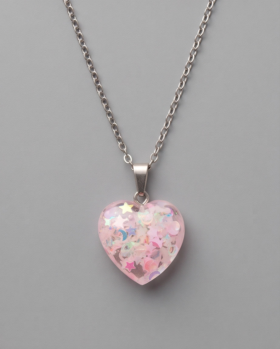 Silver Bubblegum Pink Glitter Heart Resin Pendant Necklace