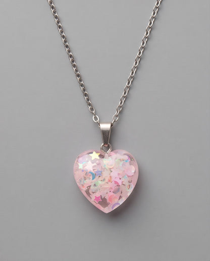 Silver Bubblegum Pink Glitter Heart Resin Pendant Necklace
