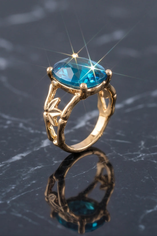 Gold Plated Aqua Blue Topaz Bamboo Leaf Ring