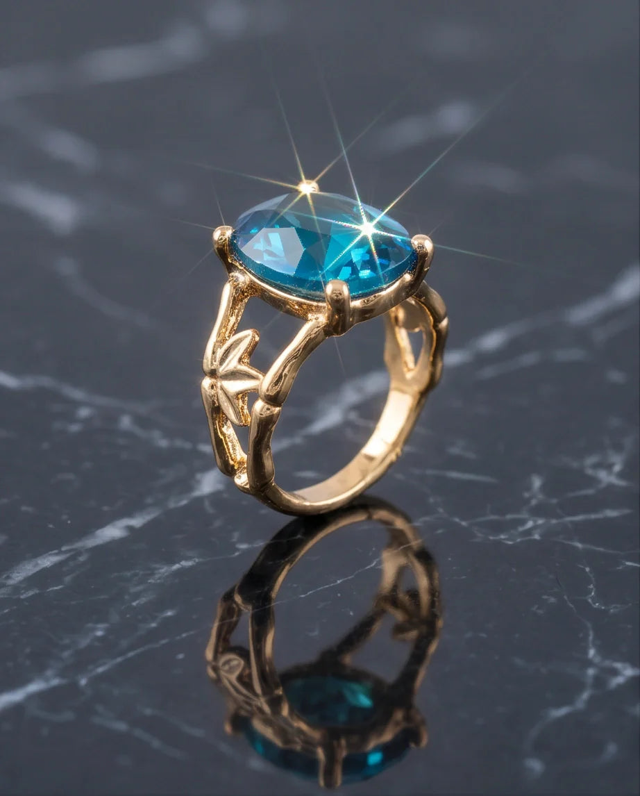 Gold Plated Aqua Blue Topaz Bamboo Leaf Ring