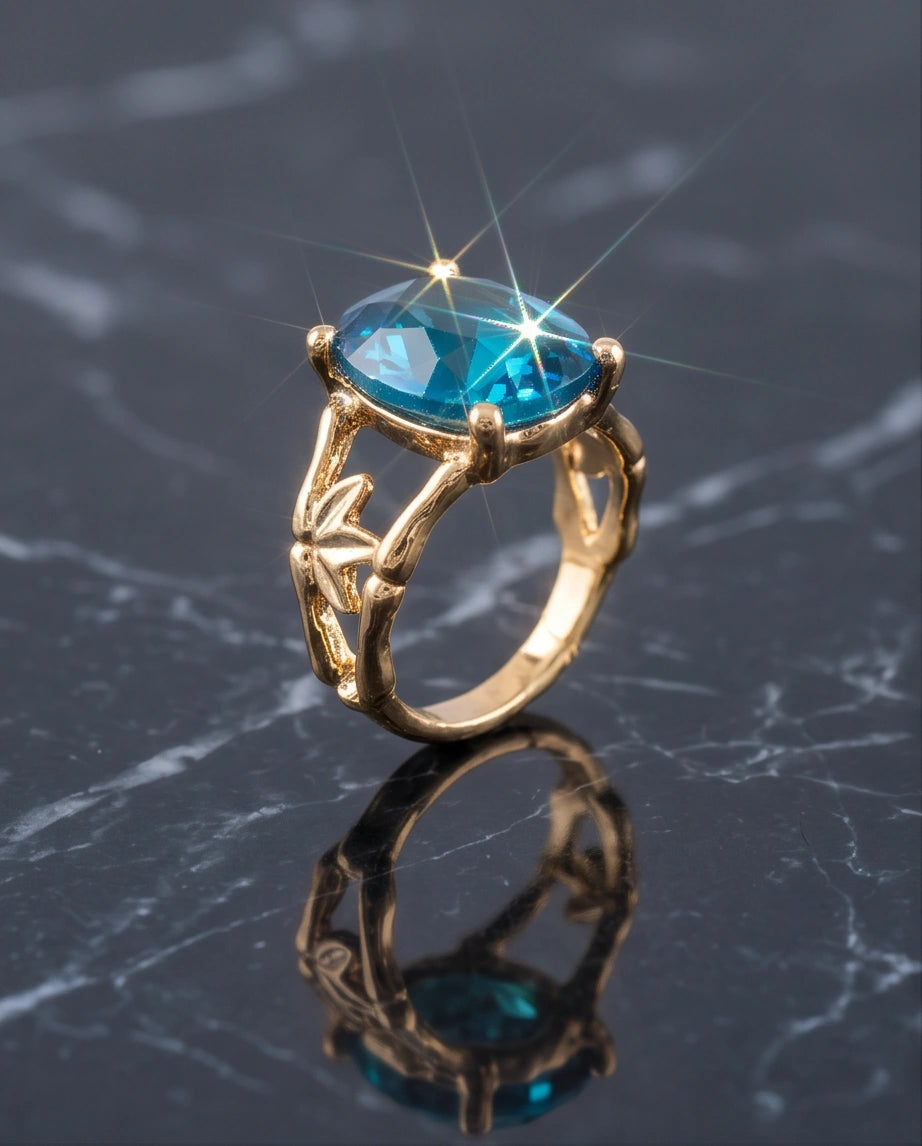 Gold Plated Aqua Blue Topaz Bamboo Leaf Ring