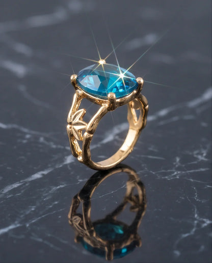 Gold Plated Aqua Blue Topaz Bamboo Leaf Ring