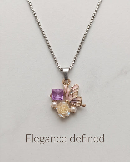 Gold Purple Enamel Butterfly & Pearl Rose Cluster Pendant Necklace