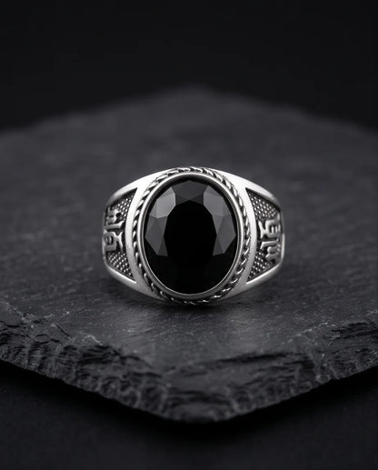 Onyx-Style Faceted Oval Rope-Trim Kanji Character Silver Ring