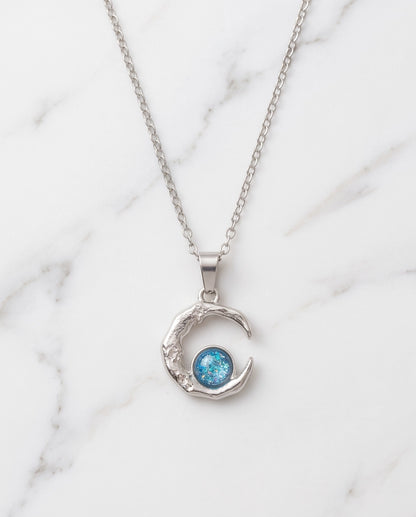 Silver Hammered Crescent Moon Blue Opal Orb Pendant Necklace