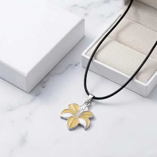 Elegant Pastel Yellow and White Lily Enamel Pendant Necklace