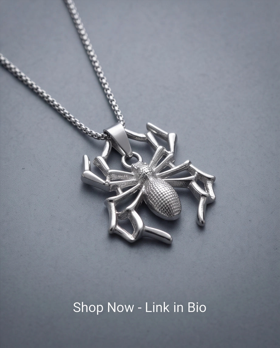 Silver Textured Spider Pendant Necklace