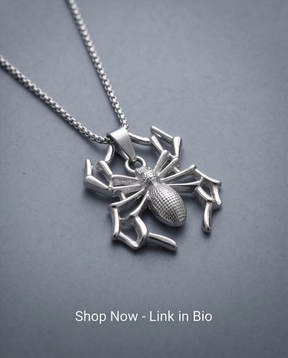 Silver Textured Spider Pendant Necklace