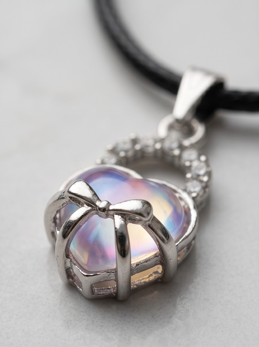Opalite Heart Bow Lock Pendant Necklace