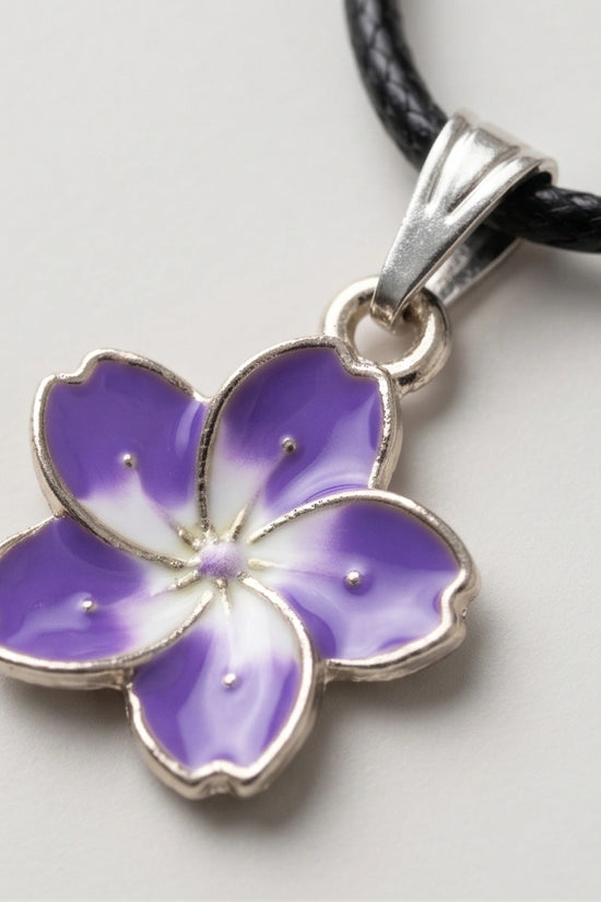 Elegant Purple and White Floral Enamel Pendant Necklace