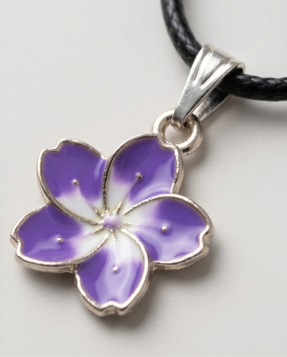 Elegant Purple and White Floral Enamel Pendant Necklace