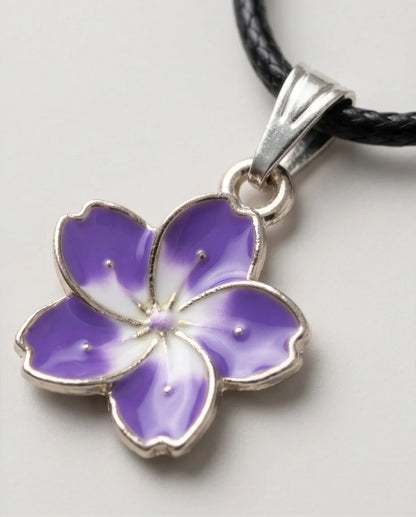 Elegant Purple and White Floral Enamel Pendant Necklace