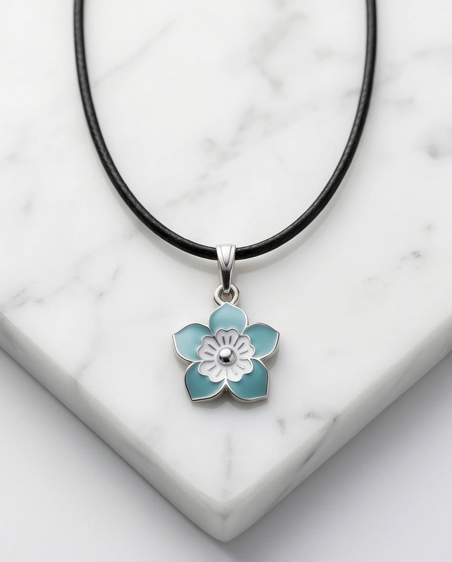 Serene Blue and White Layered Floral Enamel Pendant Necklace