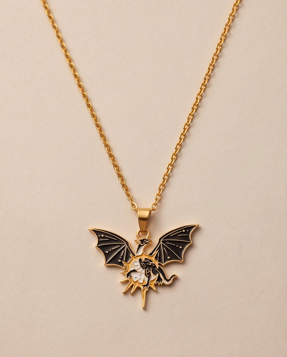 Gold Celestial Winged Dragon Enamel Pendant Necklace