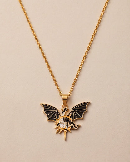 Gold Celestial Winged Dragon Enamel Pendant Necklace