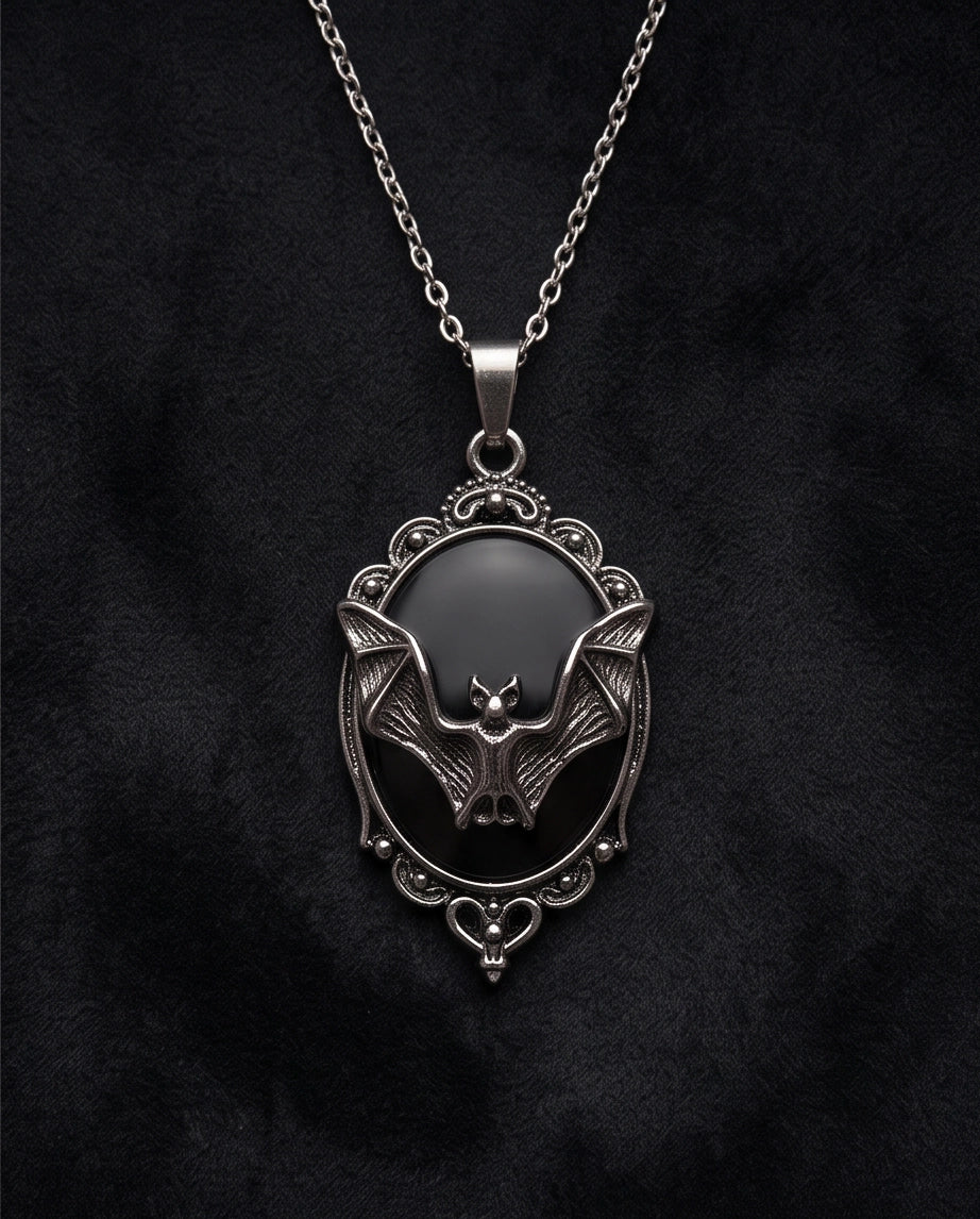Antique Silver Gothic Bat Black Enamel Medallion Chain Necklace