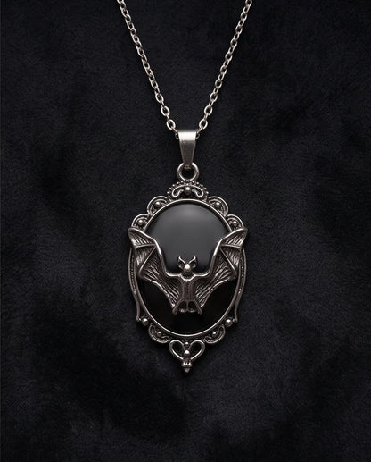 Antique Silver Gothic Bat Black Enamel Medallion Chain Necklace