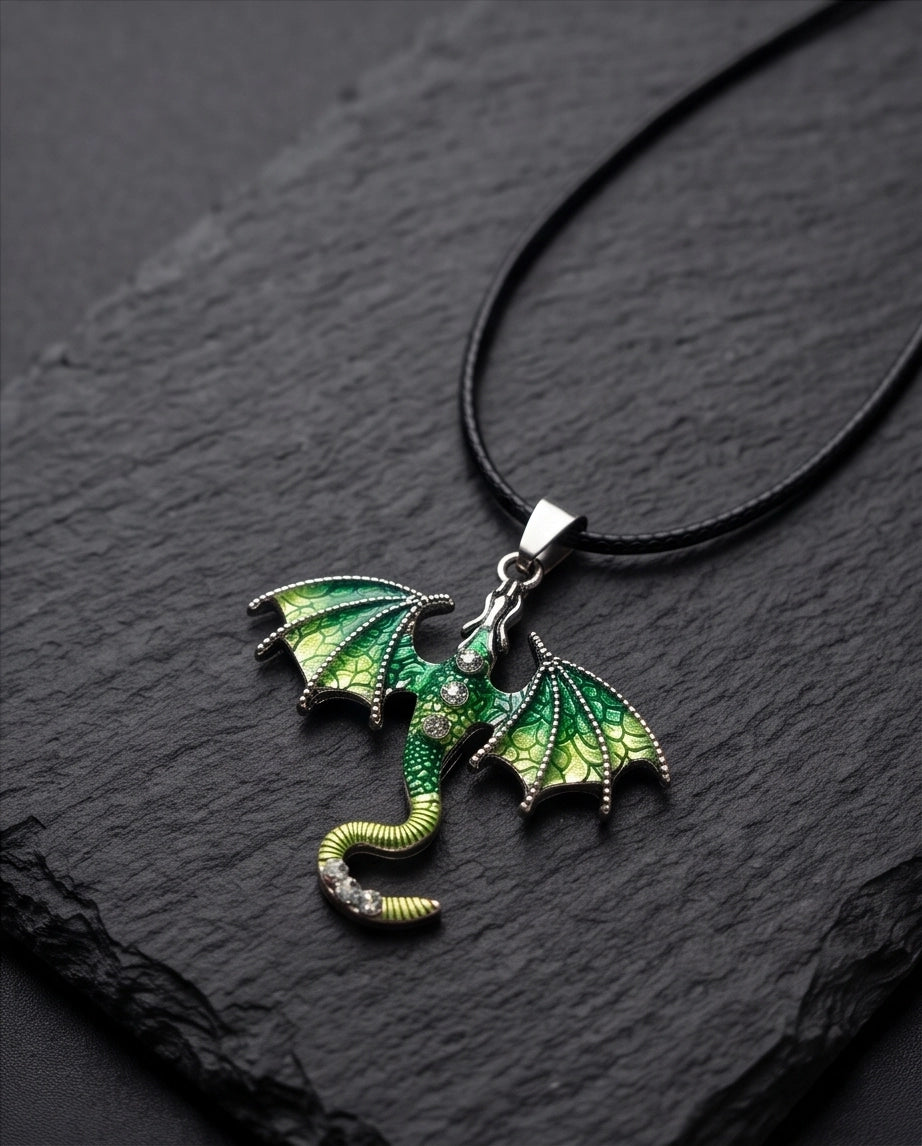 Silver Green Enamel Dragon Wyvern Pendant Necklace