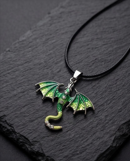 Silver Green Enamel Dragon Wyvern Pendant Necklace