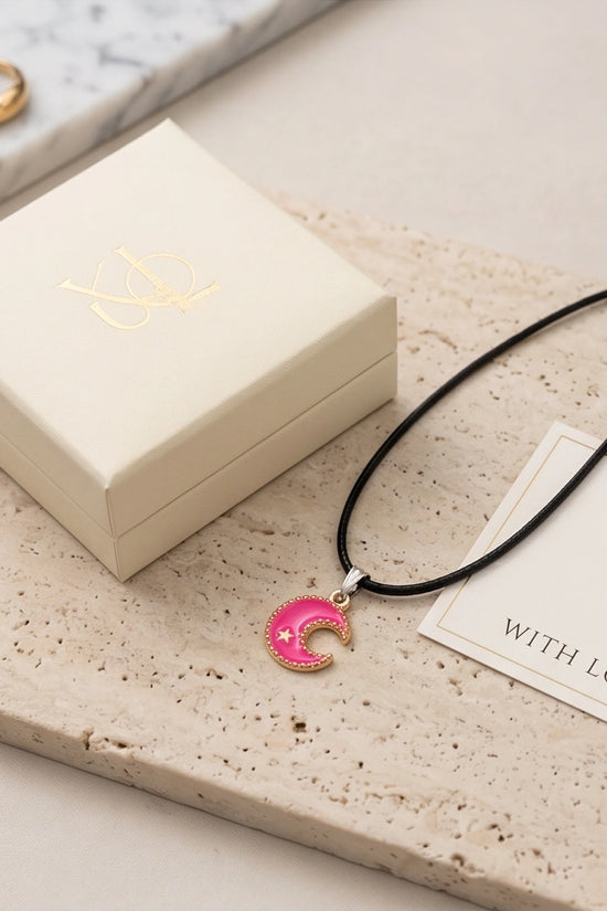 Gold and Pink Celestial Crescent Moon Necklace
