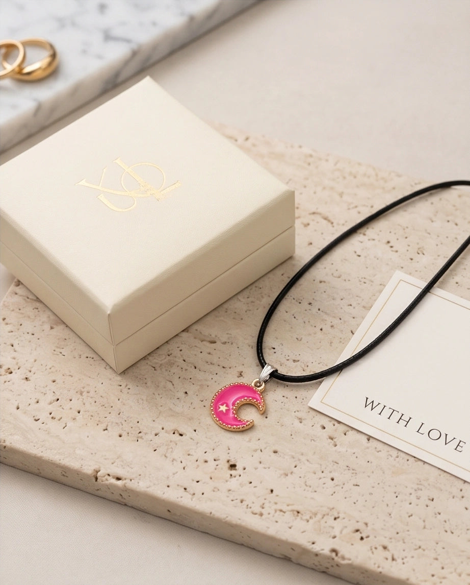 Gold and Pink Celestial Crescent Moon Necklace