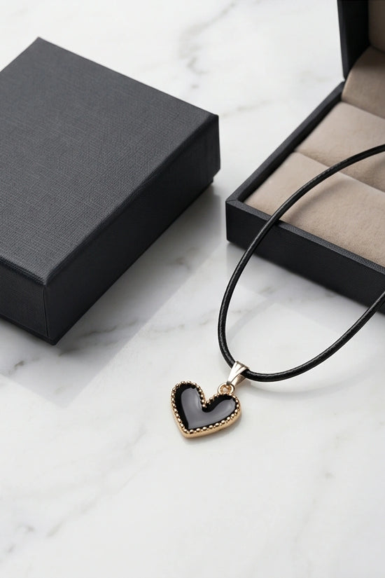 Gold Beaded Black Enamel Heart Necklace