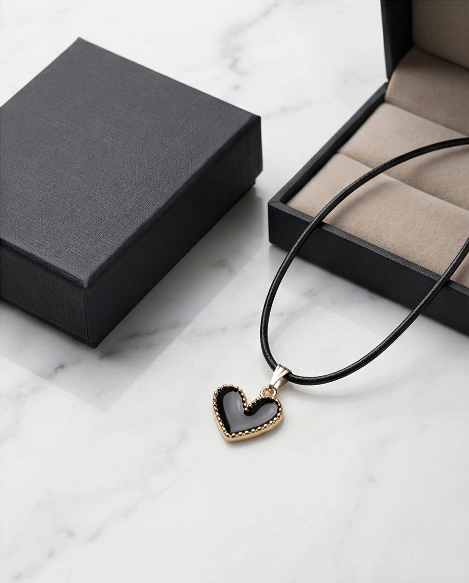 Gold Beaded Black Enamel Heart Necklace