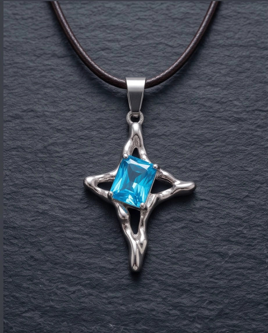 Silver Blue Gemstone Gothic Cross Pendant Necklace