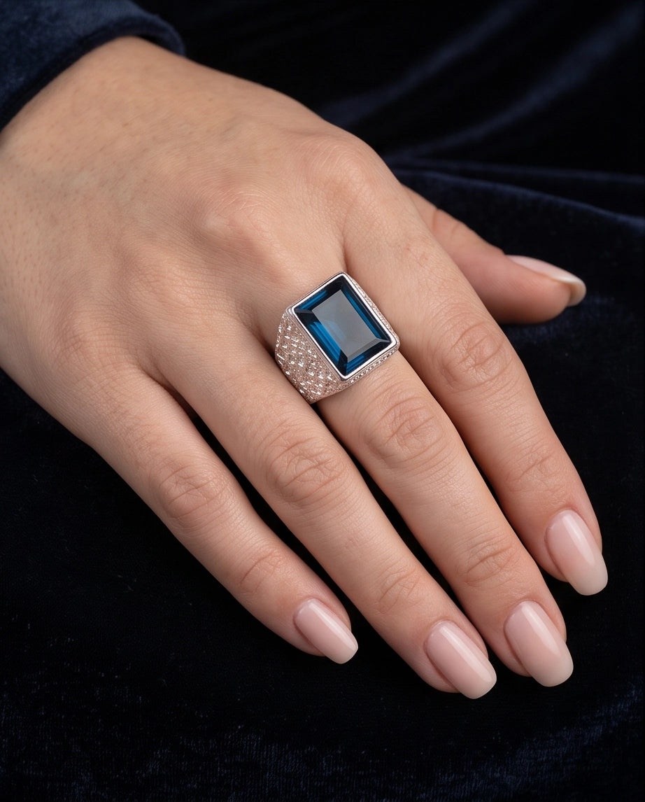 Ocean Blue Emerald-Cut Gemstone Stippled Silver Ring