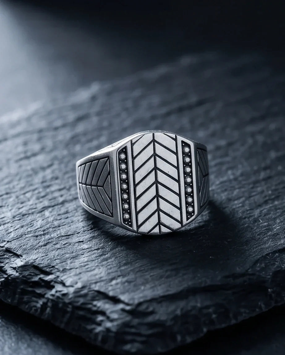 Sterling Silver Chevron Pattern Geometric Signet Ring