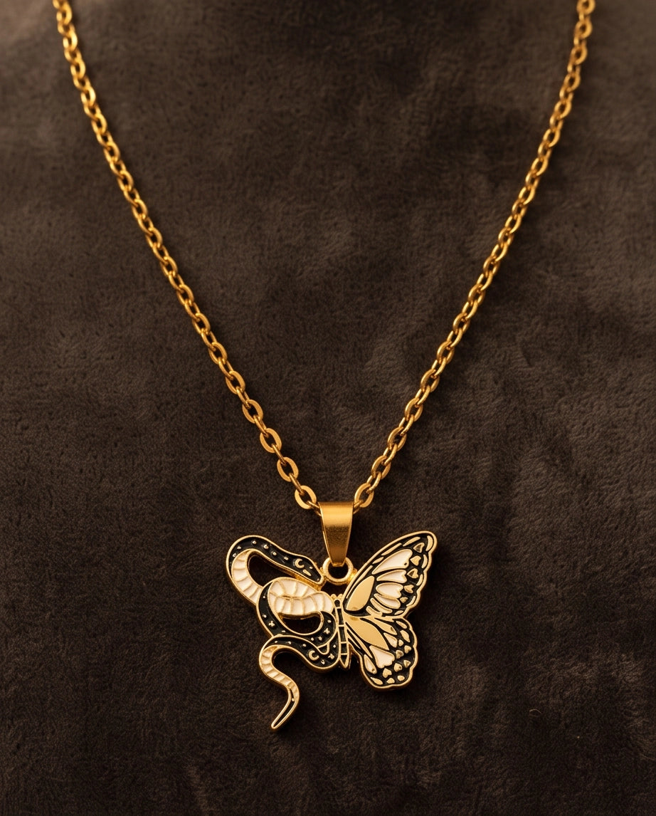 Gold Snake & Butterfly Celestial Enamel Pendant Necklace