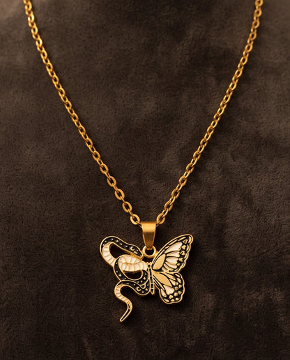 Gold Snake & Butterfly Celestial Enamel Pendant Necklace