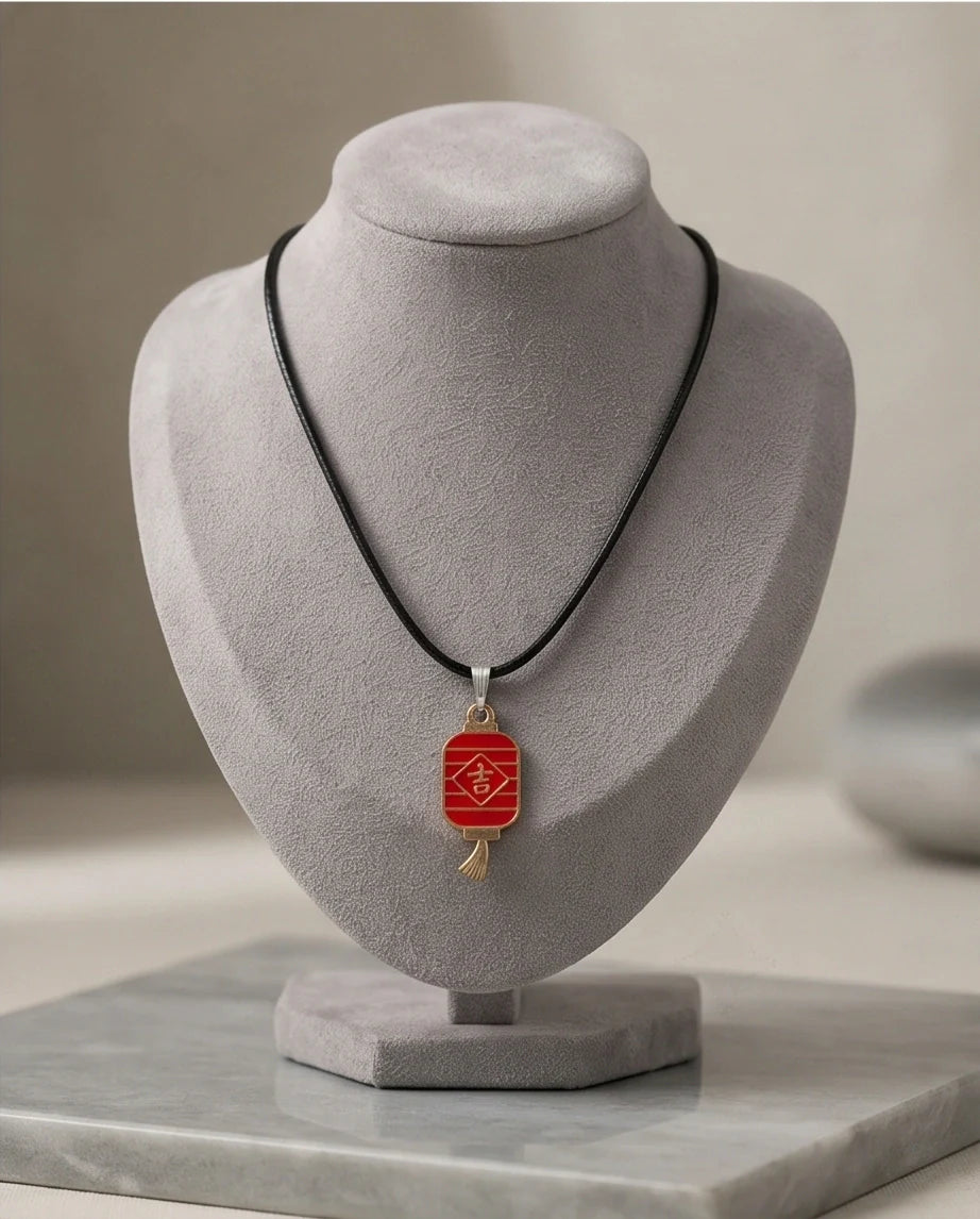 Traditional Red Lantern "Ji" Good Luck Pendant Necklace