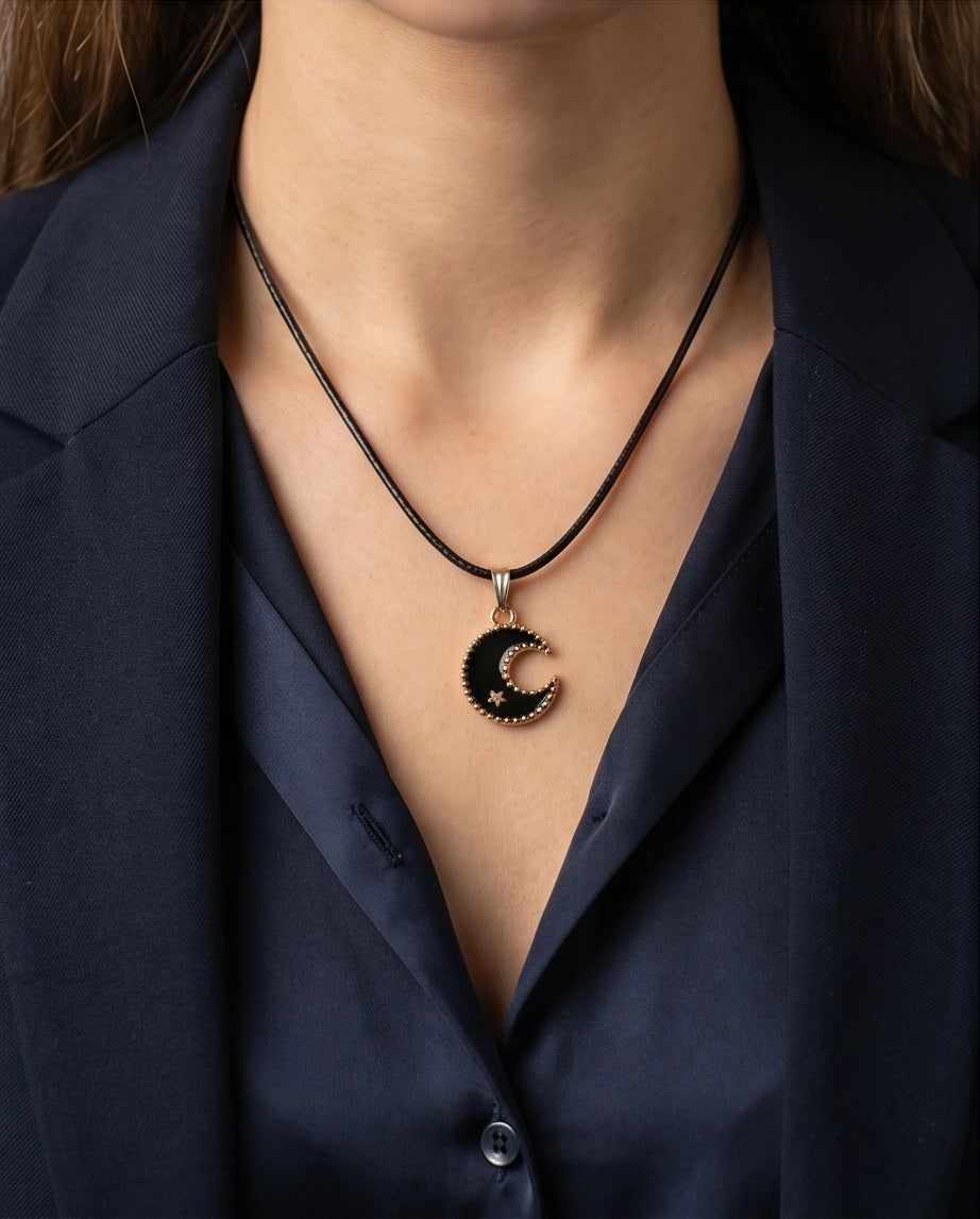 Gold Beaded Crescent Moon and Star Necklace