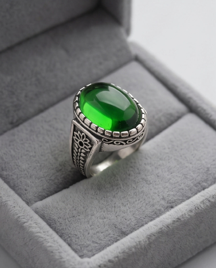 Emerald Cabochon Beaded Bezel Floral Silver Ring