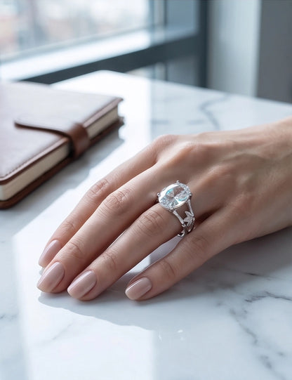 Silver Oval Quartz Botanical Solitaire Ring
