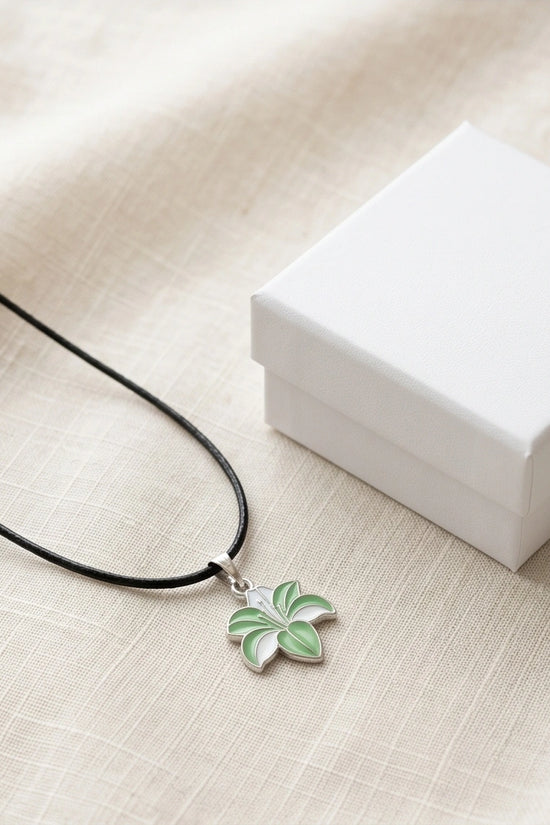 Elegant Green and White Lily Enamel Pendant Necklace