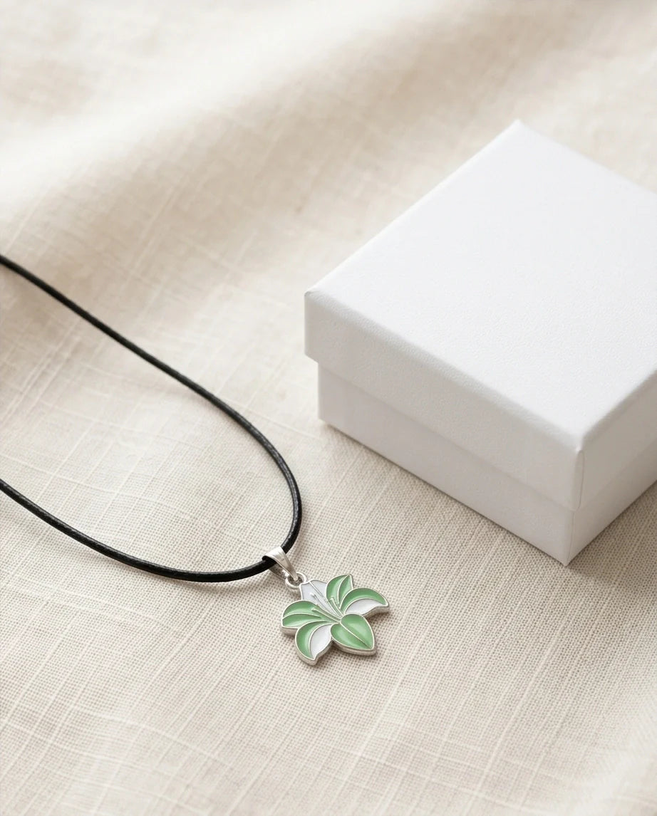 Elegant Green and White Lily Enamel Pendant Necklace