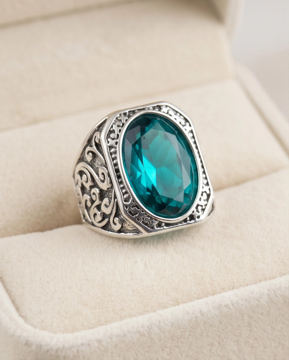 Teal Gemstone Octagonal Bezel Scrollwork Silver Ring