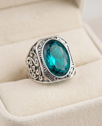 Teal Gemstone Octagonal Bezel Scrollwork Silver Ring