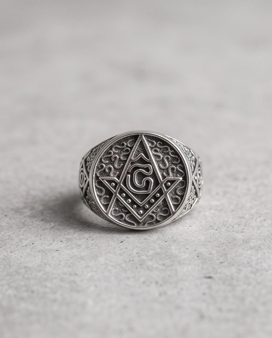 Masonic Scrollwork Oval Signet Silver Ring