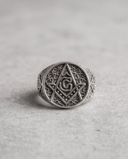 Masonic Scrollwork Oval Signet Silver Ring