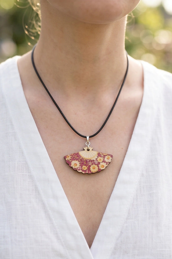 Vintage Burgundy & Gold Floral Hand-Fan Pendant Necklace