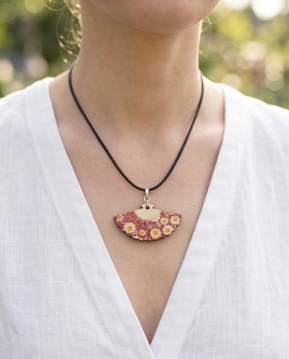 Vintage Burgundy & Gold Floral Hand-Fan Pendant Necklace