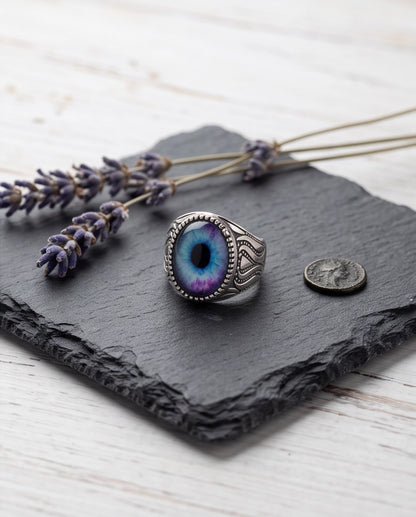 Nebula Blue-Purple Evil Eye Cabochon Ornate Scrollwork Silver Ring