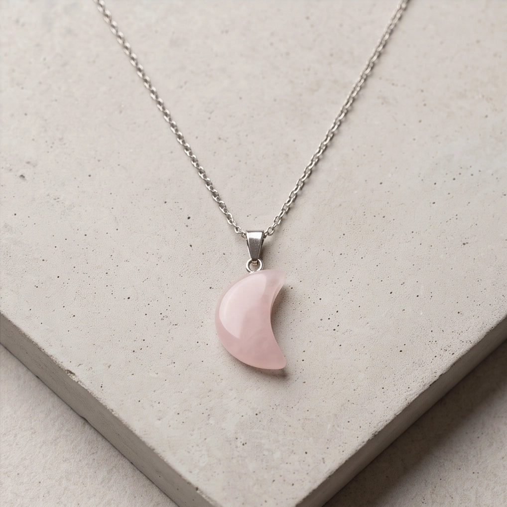 Silver Rose Quartz Pink Crescent Moon Pendant Necklace