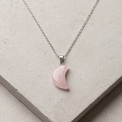 Silver Rose Quartz Pink Crescent Moon Pendant Necklace