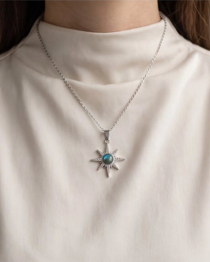 Silver Crystal Paved North Star Cosmic Orb Pendant Necklace