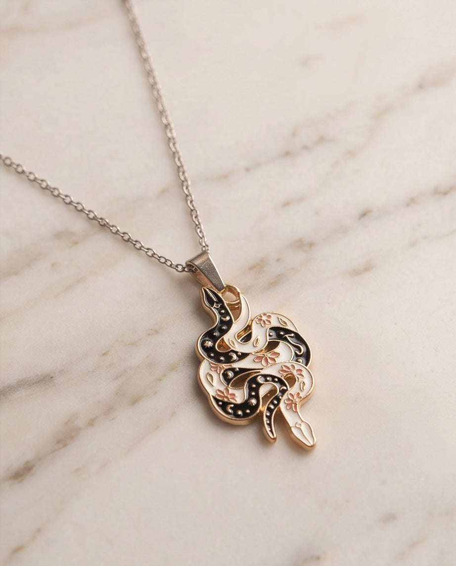 Gold Floral Serpent Enamel Pendant Necklace